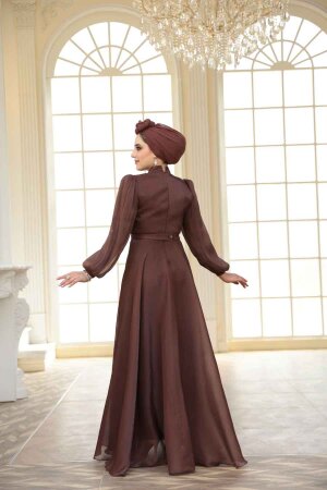 Tesettürlü Abiye Elbise - Drape Detaylı Kahverengi Tesettür Abiye Elbise 51072KH - 5