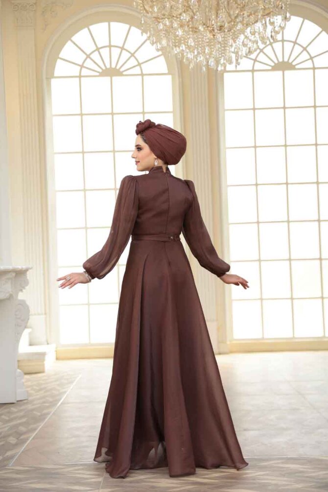Tesettürlü Abiye Elbise - Drape Detaylı Kahverengi Tesettür Abiye Elbise 51072KH - 5