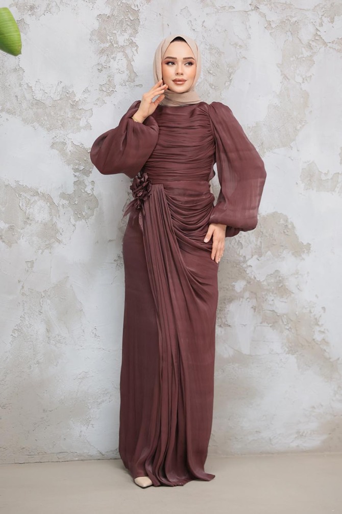 Tesettürlü Abiye Elbise - Drape Detaylı Kahverengi Tesettür Abiye Elbise 51203KH - TESETTÜRLÜ ABİYE ELBİSELER