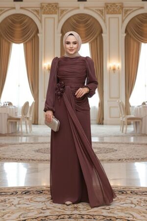 Tesettürlü Abiye Elbise - Drape Detaylı Kahverengi Tesettür Abiye Elbise 51203KH 