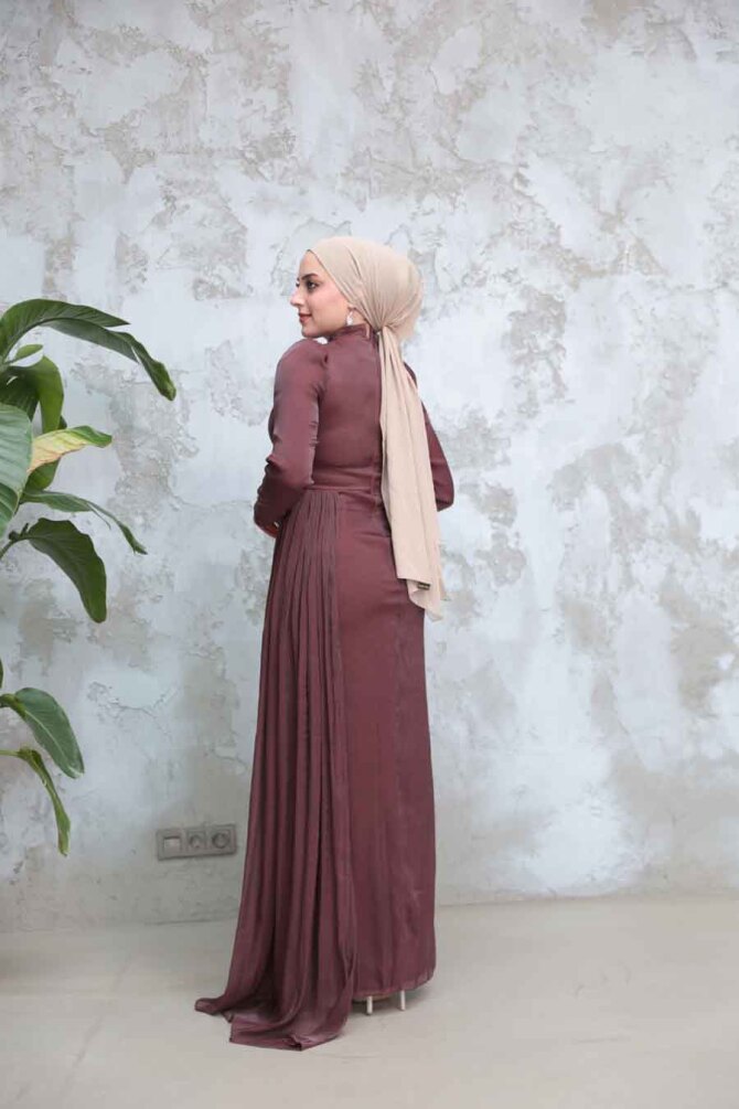 Tesettürlü Abiye Elbise - Drape Detaylı Kahverengi Tesettür Abiye Elbise 51481KH - 4