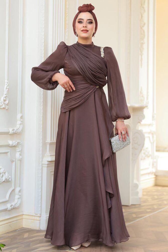 Tesettürlü Abiye Elbise - Drape Detaylı Kahverengi Tesettür Abiye Elbise 51641KH - 4