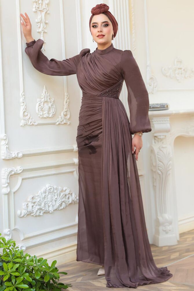 Tesettürlü Abiye Elbise - Drape Detaylı Kahverengi Tesettür Abiye Elbise 52585KH - 2