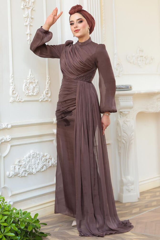 Tesettürlü Abiye Elbise - Drape Detaylı Kahverengi Tesettür Abiye Elbise 52585KH - 1