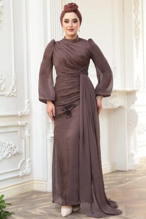 Tesettürlü Abiye Elbise - Drape Detaylı Kahverengi Tesettür Abiye Elbise 52585KH - 4