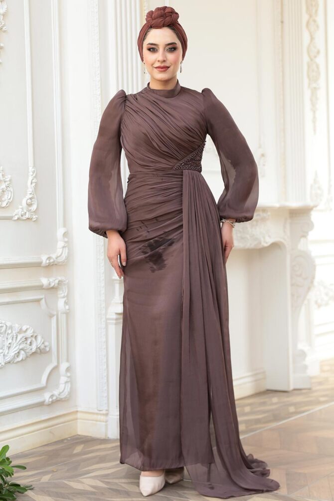 Tesettürlü Abiye Elbise - Drape Detaylı Kahverengi Tesettür Abiye Elbise 52585KH - 4
