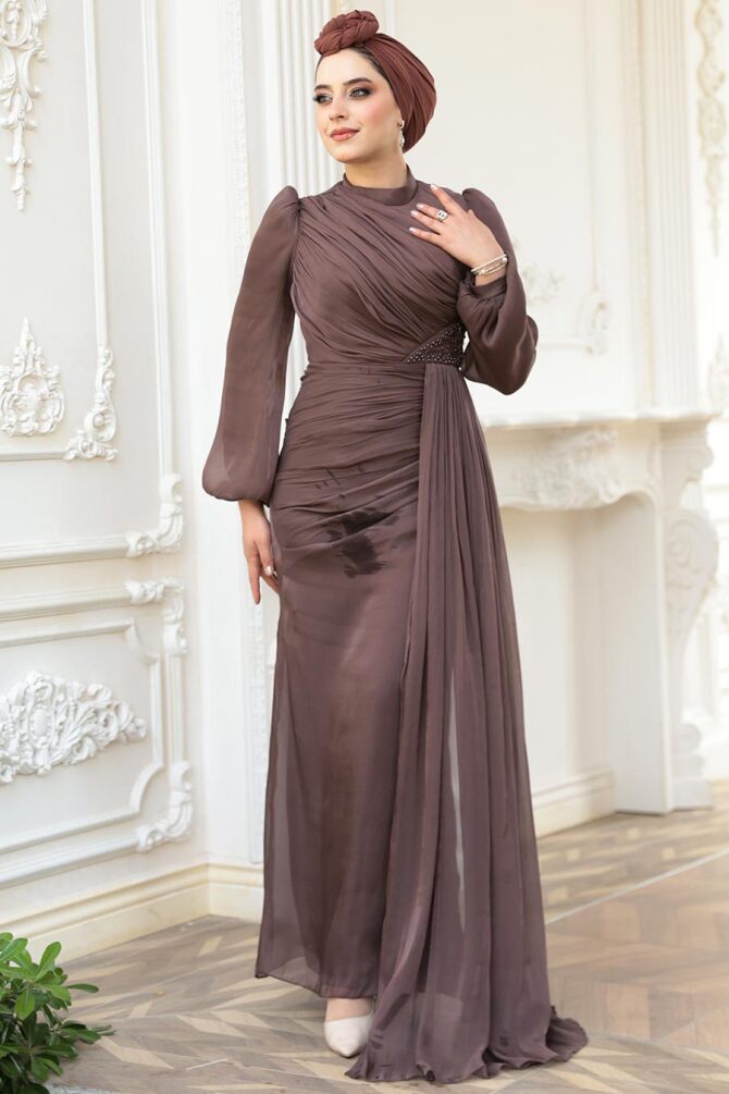 Tesettürlü Abiye Elbise - Drape Detaylı Kahverengi Tesettür Abiye Elbise 52585KH - 3