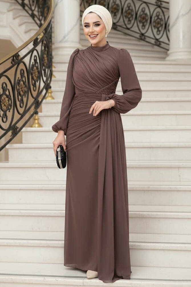 Tesettürlü Abiye Elbise - Drape Detaylı Kahverengi Tesettür Abiye Elbise 52585KH - 1
