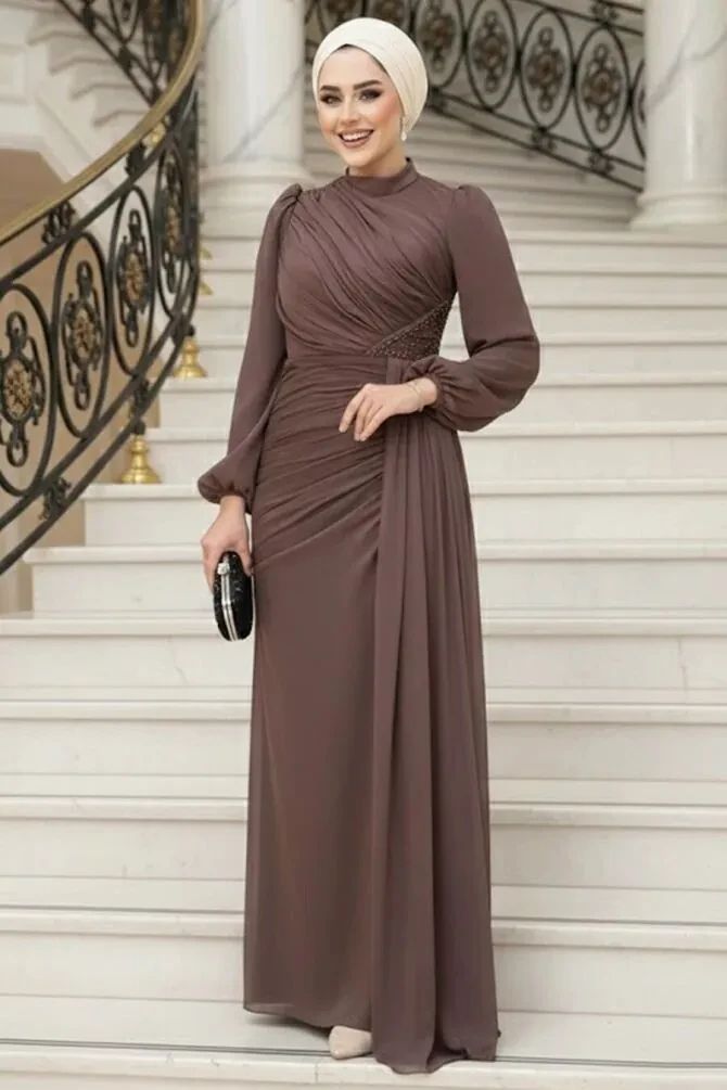  Drape Detaylı Kahverengi Tesettür Abiye Elbise 52585KH - 1