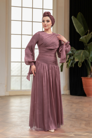 Tesettürlü Abiye Elbise - Drape Detaylı Kahverengi Tesettür Abiye Elbise 53631KH - 1