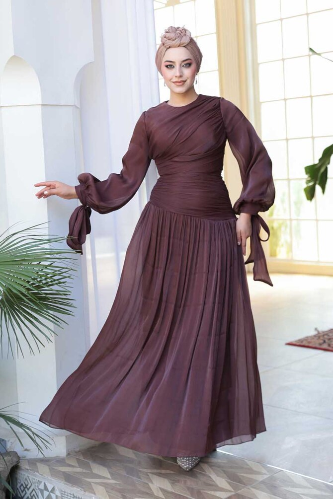 Tesettürlü Abiye Elbise - Drape Detaylı Kahverengi Tesettür Abiye Elbise 53631KH - 1