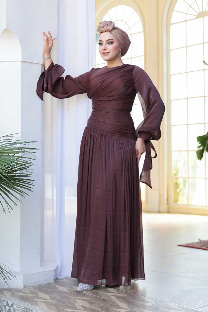 Tesettürlü Abiye Elbise - Drape Detaylı Kahverengi Tesettür Abiye Elbise 53631KH - 3