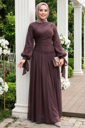 Tesettürlü Abiye Elbise - Drape Detaylı Kahverengi Tesettür Abiye Elbise 53631KH 