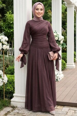 Tesettürlü Abiye Elbise - Drape Detaylı Kahverengi Tesettür Abiye Elbise 53631KH 