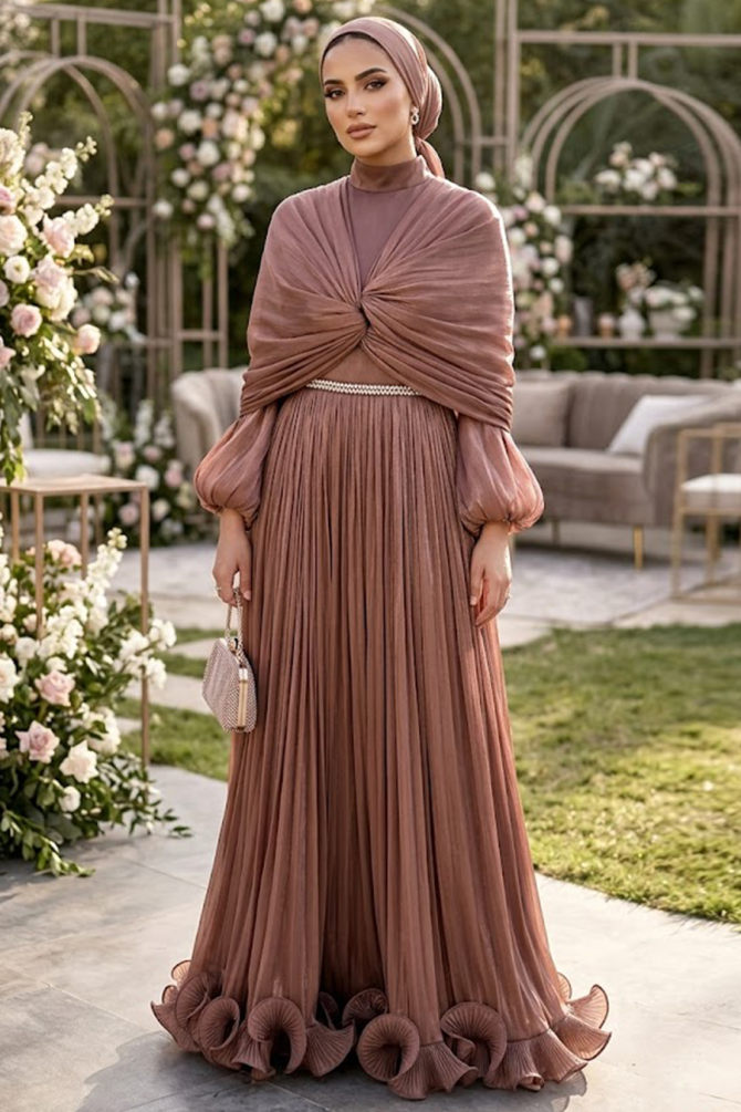 Tesettürlü Abiye Elbise - Drape Detaylı Kahverengi Tesettür Abiye Elbise 56371KH - 1