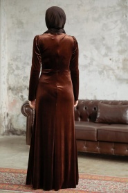 Tesettürlü Abiye Elbise - Drape Detaylı Kahverengi Tesettür Kadife Abiye Elbise 36891KH - Thumbnail