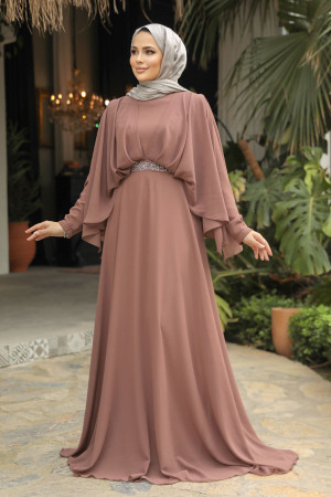 Tesettürlü Abiye Elbise - Drape Detaylı Karamel Tesettür Abiye Elbise 25891KRML - 1