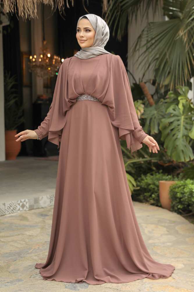 Tesettürlü Abiye Elbise - Drape Detaylı Karamel Tesettür Abiye Elbise 25891KRML - 1