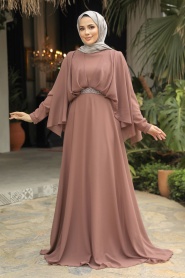 Tesettürlü Abiye Elbise - Drape Detaylı Karamel Tesettür Abiye Elbise 25891KRML - Thumbnail