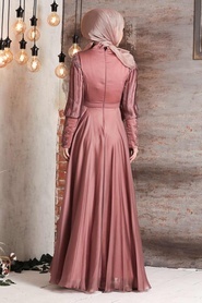 Tesettürlü Abiye Elbise - Drape Detaylı Kiremit Tesettür Abiye Elbise 21881KRMT - Thumbnail