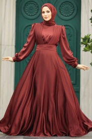 Tesettürlü Abiye Elbise - Drape Detaylı Kiremit Tesettür Saten Abiye Elbise 40621KRMT - Thumbnail