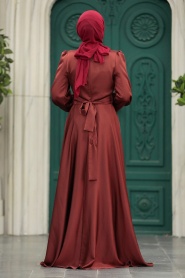 Tesettürlü Abiye Elbise - Drape Detaylı Kiremit Tesettür Saten Abiye Elbise 40621KRMT - Thumbnail
