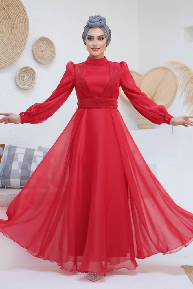 Tesettürlü Abiye Elbise - Drape Detaylı Kırmızı Tesettür Abiye Elbise 45701K - 1