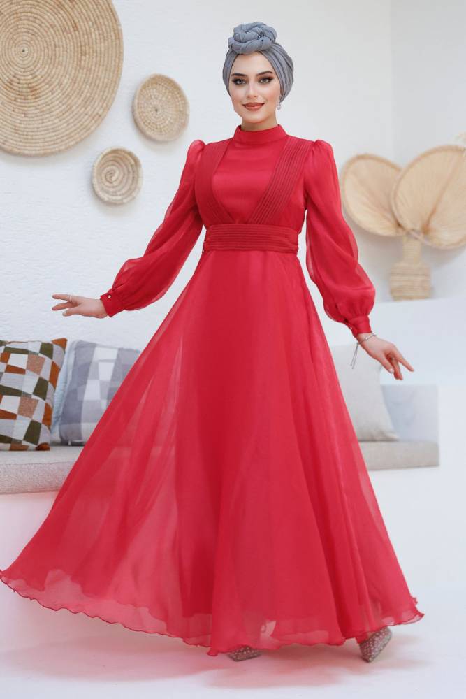 Tesettürlü Abiye Elbise - Drape Detaylı Kırmızı Tesettür Abiye Elbise 45701K - 2