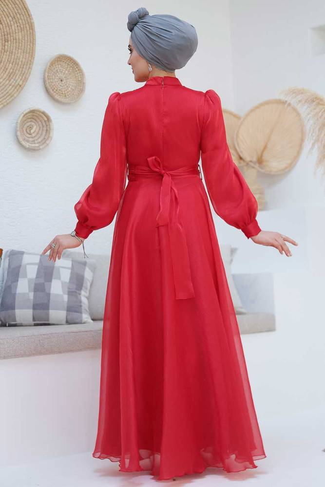 Tesettürlü Abiye Elbise - Drape Detaylı Kırmızı Tesettür Abiye Elbise 45701K - 4
