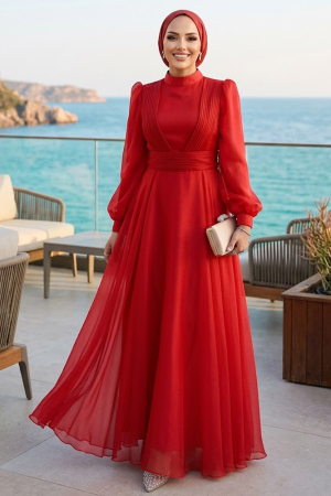 Tesettürlü Abiye Elbise - Drape Detaylı Kırmızı Tesettür Abiye Elbise 45701K - 1