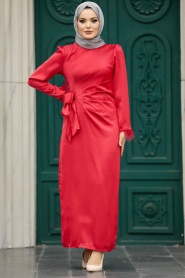 Tesettürlü Abiye Elbise - Drape Detaylı Kırmızı Tesettür Saten Abiye Elbise 5921K - Thumbnail
