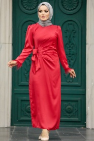 Tesettürlü Abiye Elbise - Drape Detaylı Kırmızı Tesettür Saten Abiye Elbise 5921K - Thumbnail