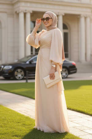 Tesettürlü Abiye Elbise - Drape Detaylı Koyu Bej Tesettür Abiye Elbise 50193KBEJ 