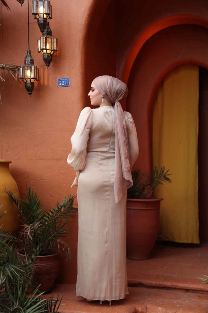 Tesettürlü Abiye Elbise - Drape Detaylı Koyu Bej Tesettür Abiye Elbise 50193KBEJ - 5