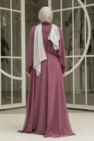 Tesettürlü Abiye Elbise - Drape Detaylı Koyu Gül Kurusu Tesettür Abiye Elbise 25891KGK - Thumbnail