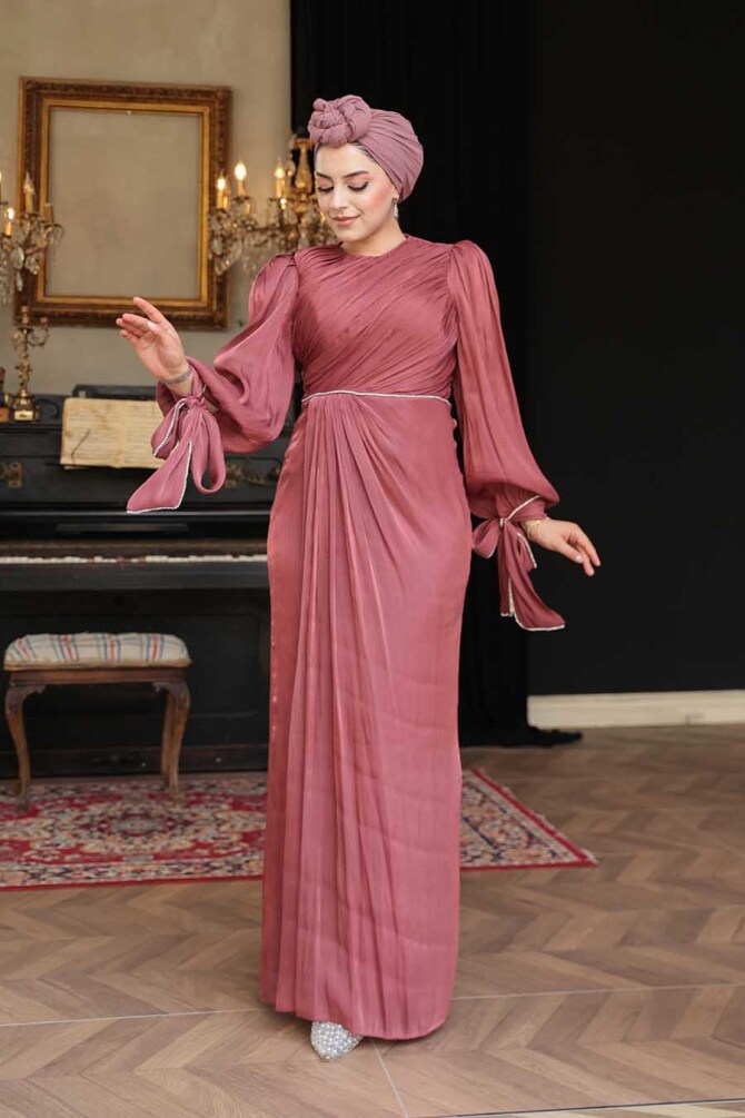 Tesettürlü Abiye Elbise - Drape Detaylı Koyu Gül Kurusu Tesettür Abiye Elbise 50193KGK - 1