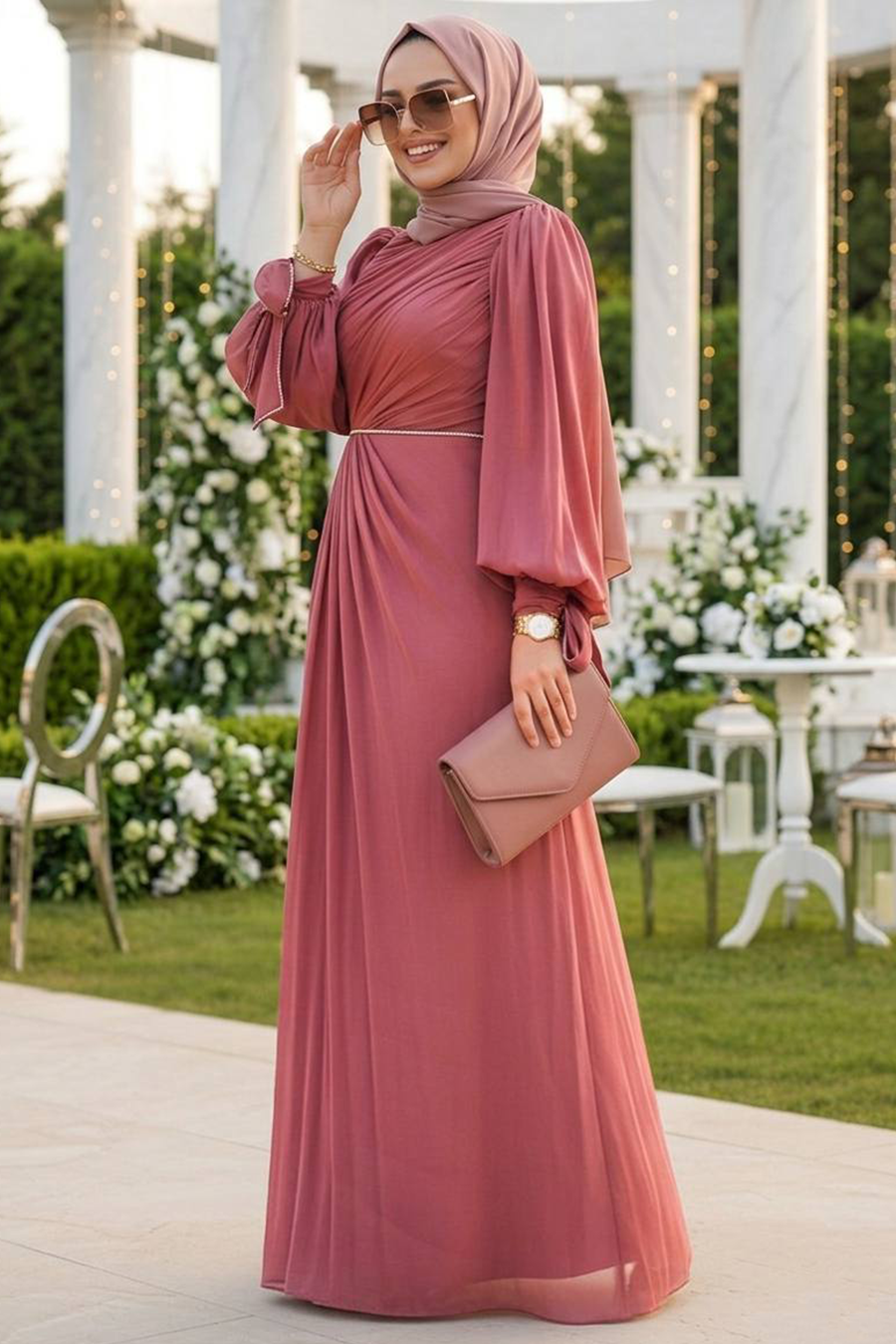 Tesettürlü Abiye Elbise - Drape Detaylı Koyu Gül Kurusu Tesettür Abiye Elbise 50193KGK