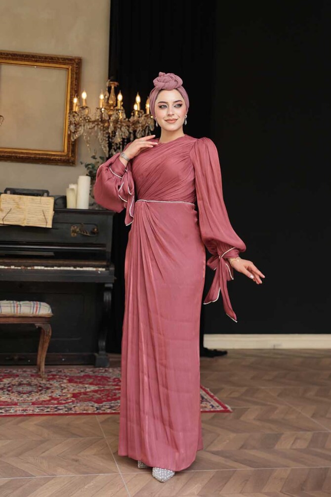 Tesettürlü Abiye Elbise - Drape Detaylı Koyu Gül Kurusu Tesettür Abiye Elbise 50193KGK - 2