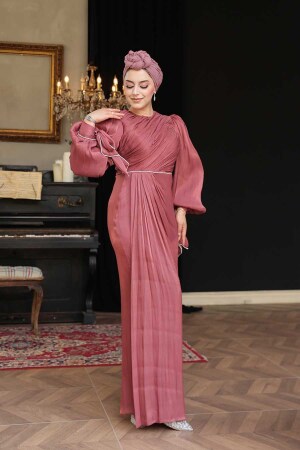 Tesettürlü Abiye Elbise - Drape Detaylı Koyu Gül Kurusu Tesettür Abiye Elbise 50193KGK - 3