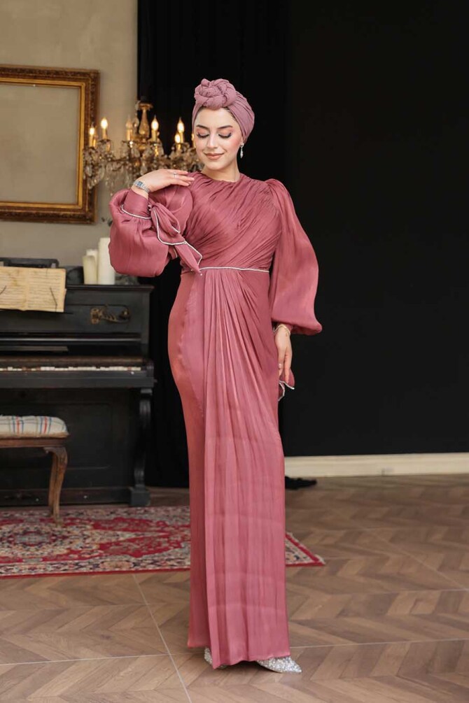 Tesettürlü Abiye Elbise - Drape Detaylı Koyu Gül Kurusu Tesettür Abiye Elbise 50193KGK - 3