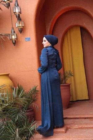 Tesettürlü Abiye Elbise - Drape Detaylı Koyu İndigo Mavisi Tesettür Abiye Elbise 52585KIM - 4