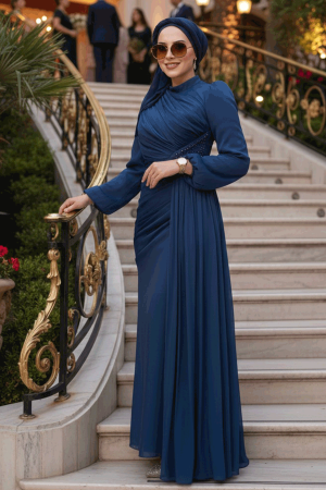 Tesettürlü Abiye Elbise - Drape Detaylı Koyu İndigo Mavisi Tesettür Abiye Elbise 52585KIM 