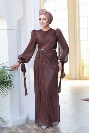 Tesettürlü Abiye Elbise - Drape Detaylı Koyu Kahverengi Tesettür Abiye Elbise 50193KKH - 2