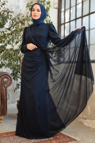 Tesettürlü Abiye Elbise - Drape Detaylı Koyu Lacivert Tesettür Abiye 5736KL - Thumbnail