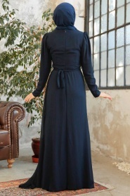 Tesettürlü Abiye Elbise - Drape Detaylı Koyu Lacivert Tesettür Abiye 5736KL - Thumbnail