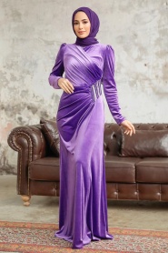 Tesettürlü Abiye Elbise -Drape Detaylı Koyu Lila Tesettür Kadife Abiye Elbise 36891KLILA - Thumbnail
