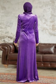 Tesettürlü Abiye Elbise -Drape Detaylı Koyu Lila Tesettür Kadife Abiye Elbise 36891KLILA - Thumbnail