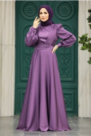 Tesettürlü Abiye Elbise - Drape Detaylı Koyu Lila Tesettür Saten Abiye Elbise 40621KLILA - Thumbnail