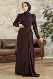 Tesettürlü Abiye Elbise - Drape Detaylı Koyu Mor Tesettür Abiye 5736KMOR - Thumbnail