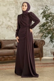 Tesettürlü Abiye Elbise - Drape Detaylı Koyu Mor Tesettür Abiye 5736KMOR - Thumbnail
